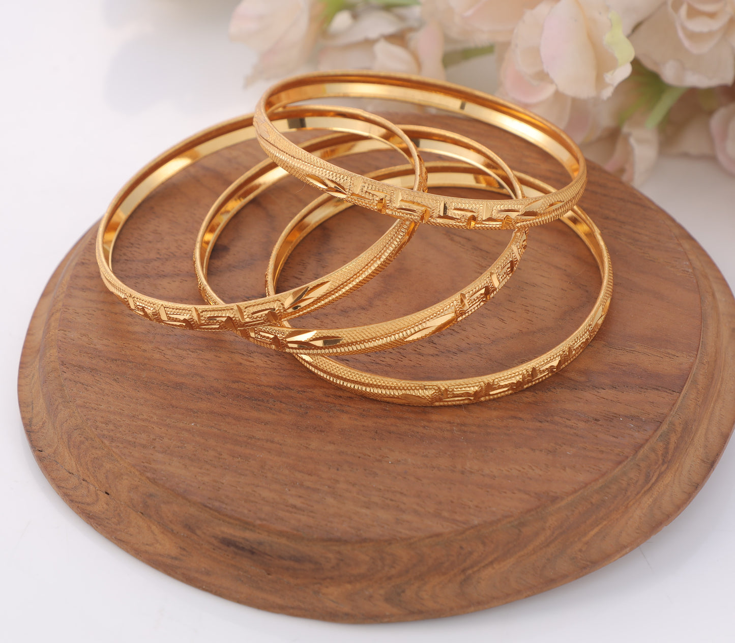 4-Piece Gold-Plated Geometric Textured Bangle Set Traditional Greek Key Inspired Bracelets