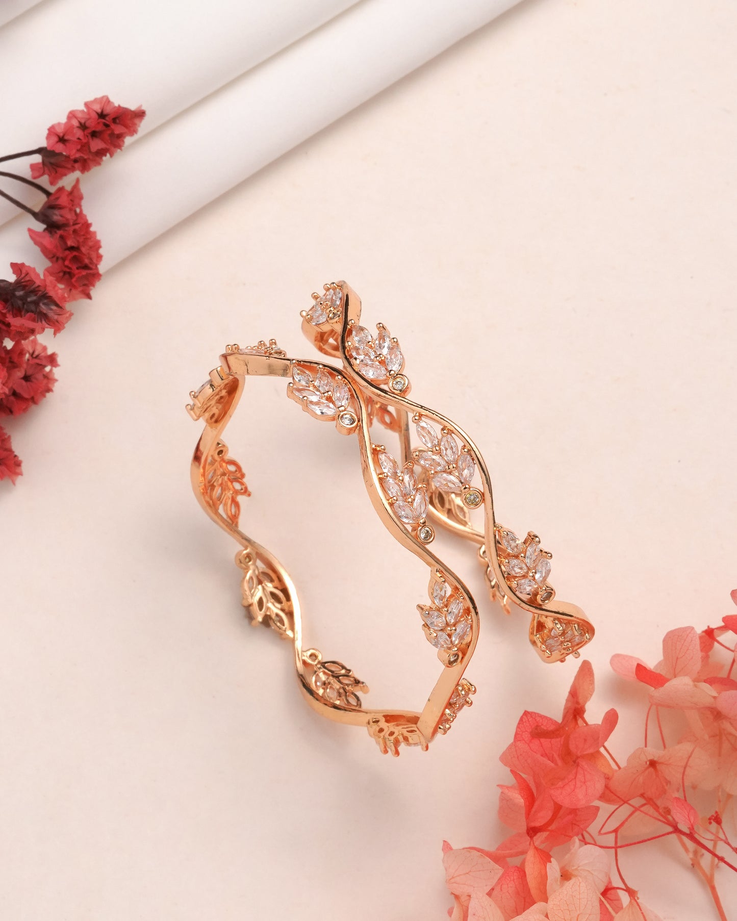 Gold Plated Wavy Vine Hoop Earrings with Marquise Cubic Zirconia Botanical Leaf Design
