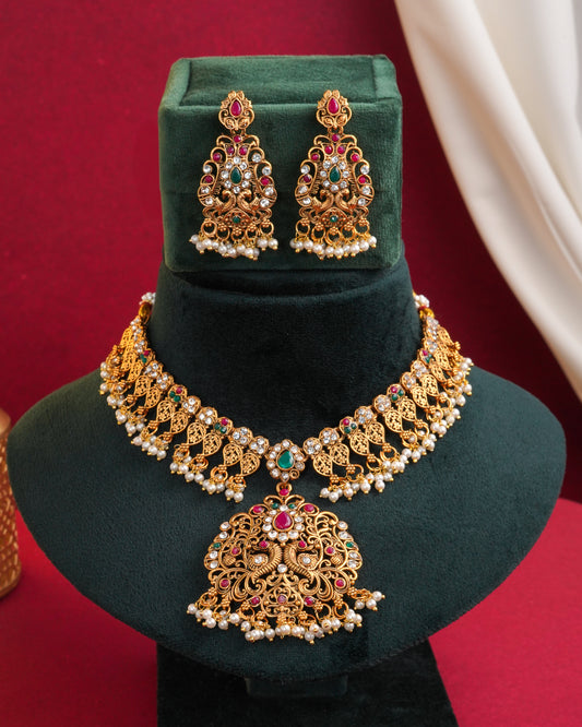 Antique Gold Temple Choker Necklace Set with Earrings