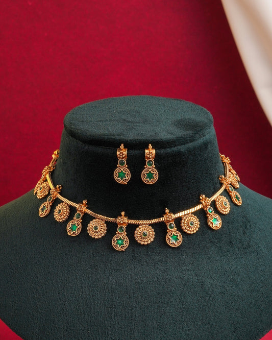 Antique Matte Gold-Plated Choker Necklace with Green Star Stones - Traditional South Indian Addigai Style Set with Matching Drop Earrings
