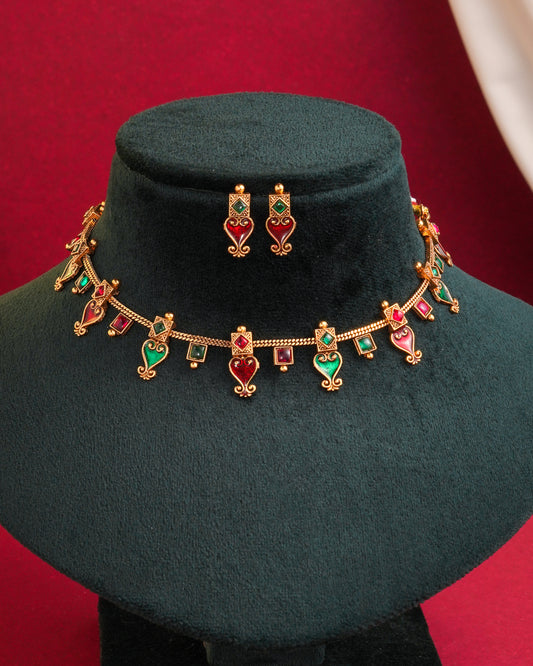 Traditional Gold Tone Paisley Necklace Set with Red & Green Stones