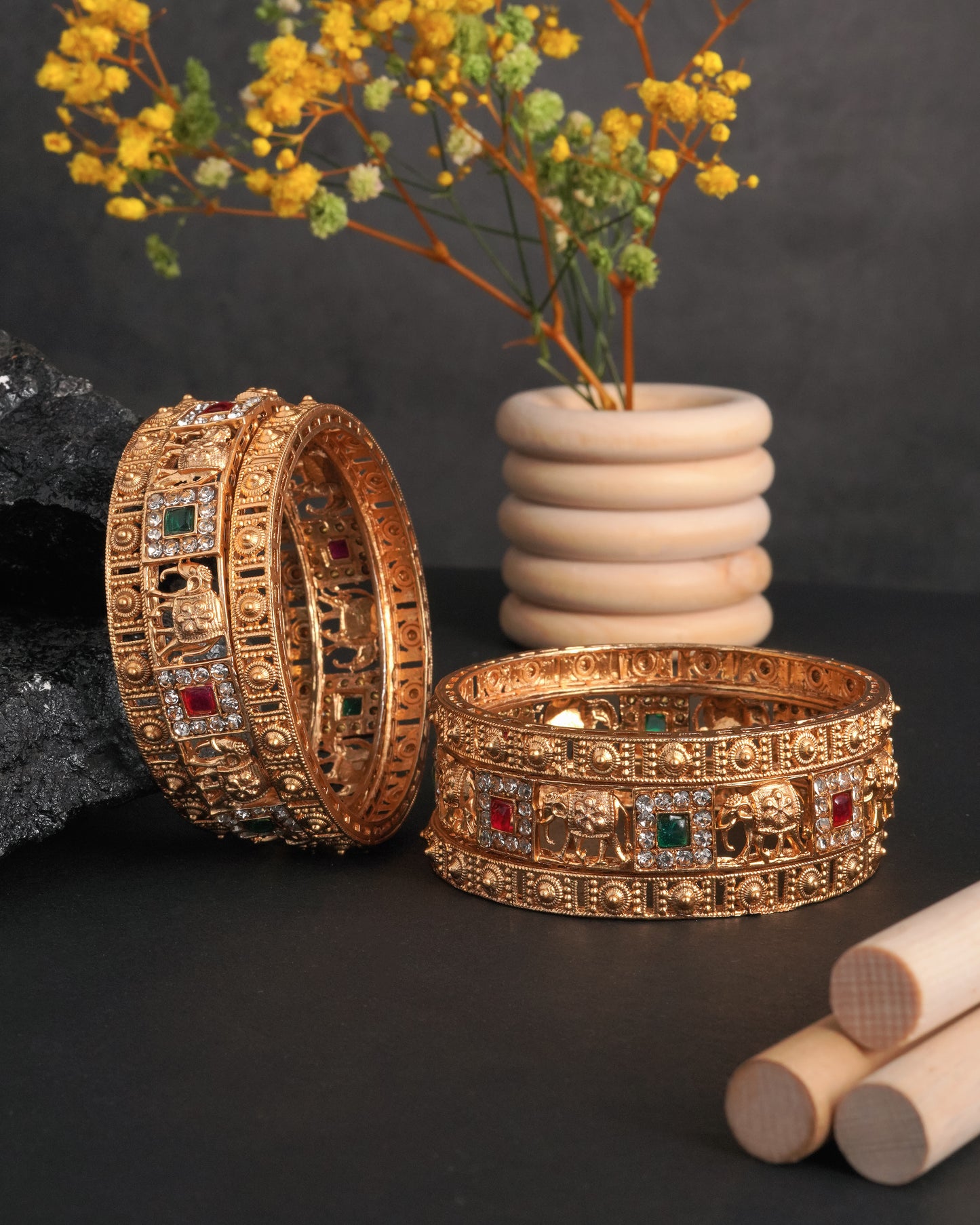 Antique Gold Plated Elephant Motif Bangle Set with Ruby & Emerald Stones(Set Of 6)