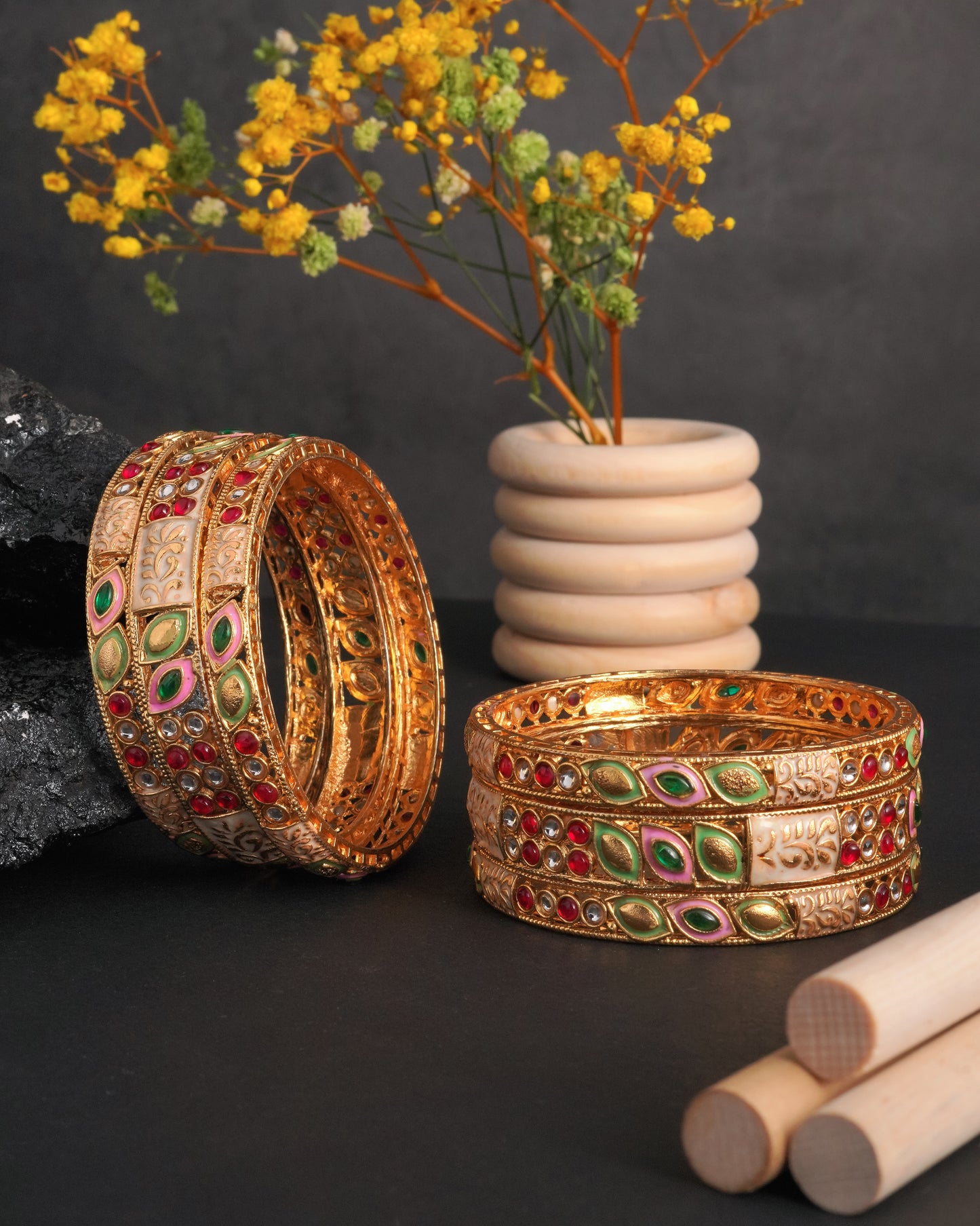 Gold-Plated Meenakari Bangle Set Hand Painted Floral Enamel with Ruby & Emerald Accents (Set of 6)