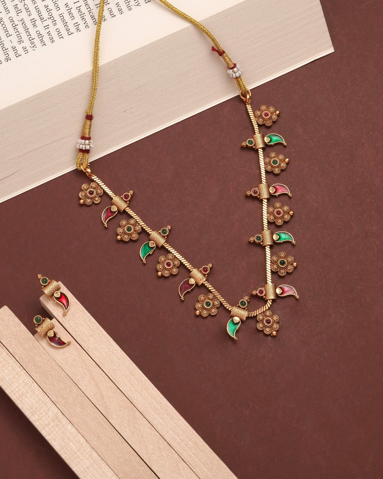 Traditional Gold Tone Floral & Paisley Necklace Set with Green Red Enamel