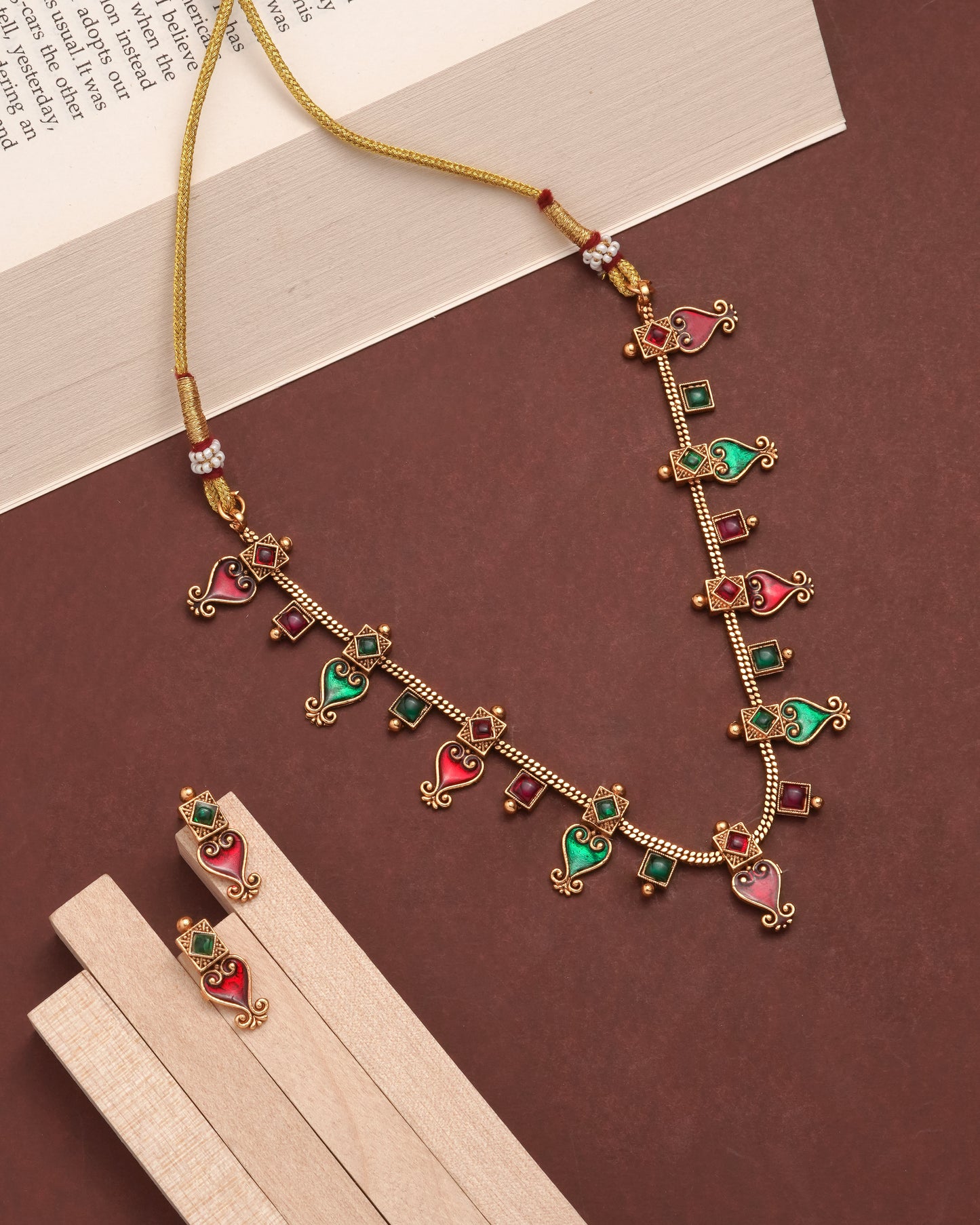 Traditional Gold Tone Paisley Necklace Set with Red & Green Stones
