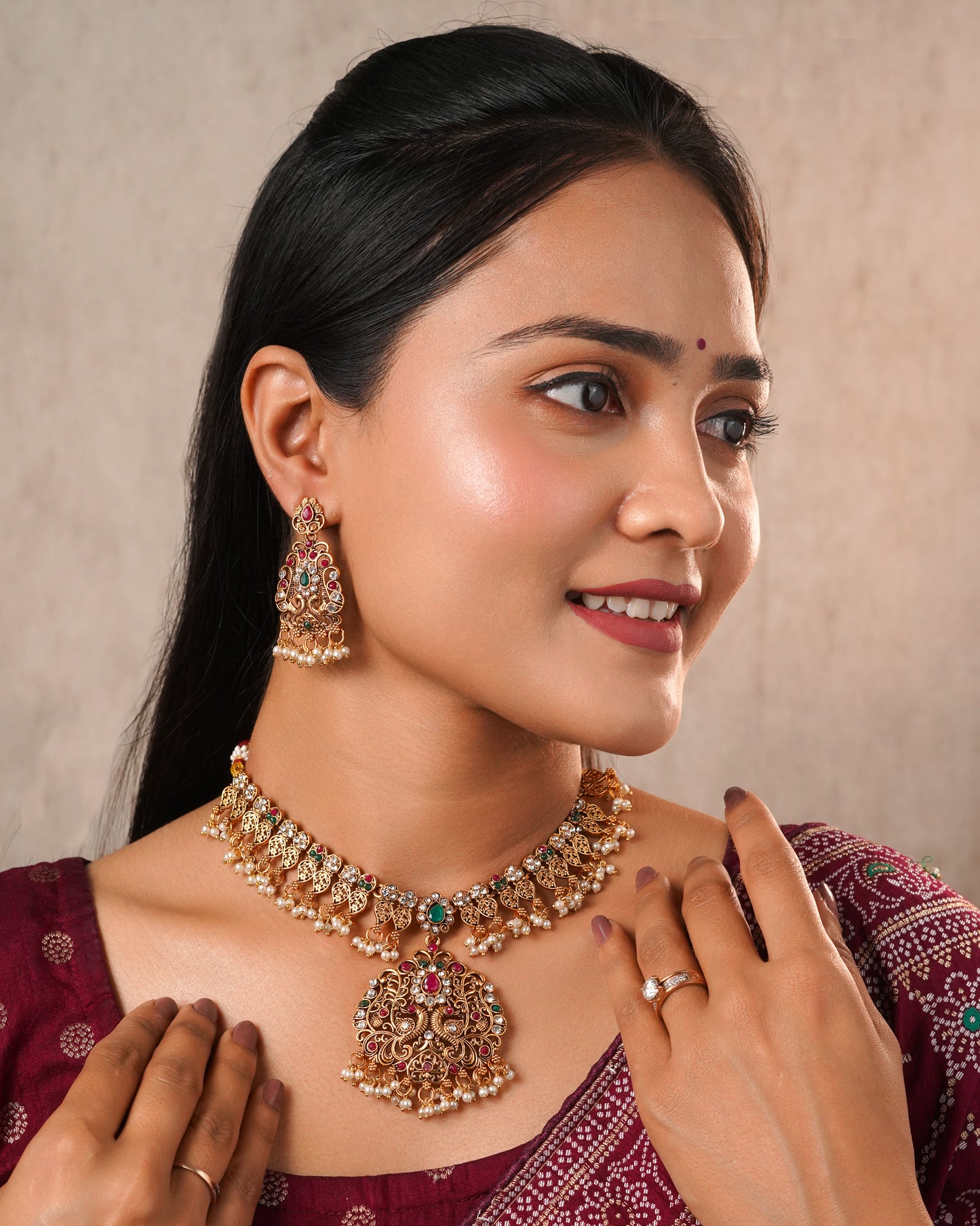 Antique Gold Temple Choker Necklace Set with Earrings