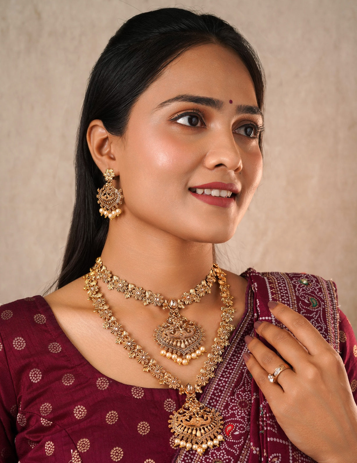 Antique Matte Gold Peacock Pendant Necklace Set - Traditional 2-Piece Haram & Choker Combo with Matching Earrings & Pearl Drops
