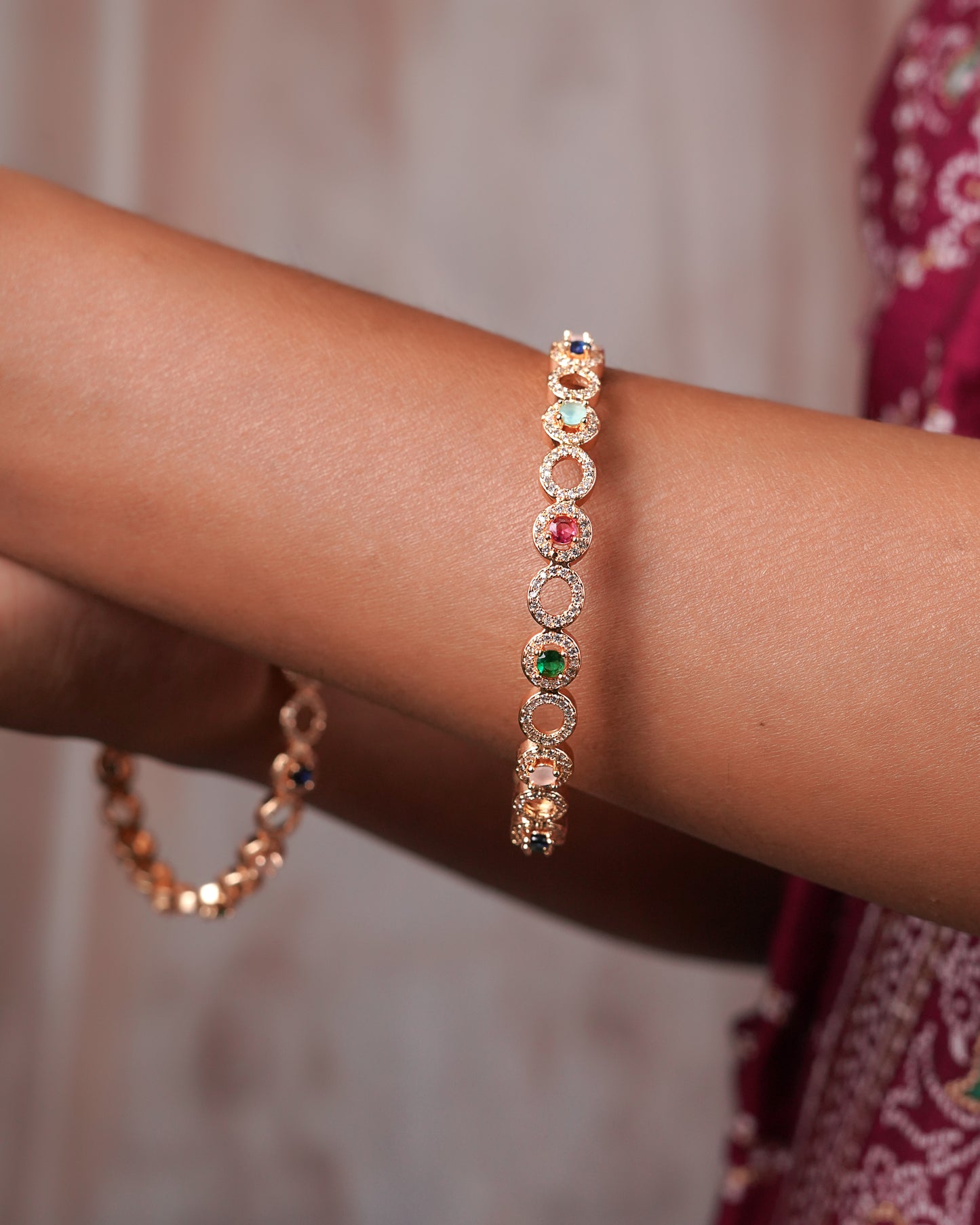 Rose Gold Plated Multi Color Stone Bangles with Cubic Zirconia (Set of 2)