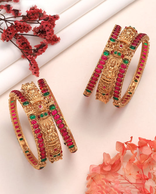 Gold Plated Floral Enamel Bangles with Ruby CZ Accents - Set of 6