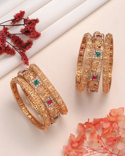 Antique Gold Plated Elephant Motif Bangle Set with Ruby & Emerald Stones(Set Of 6)