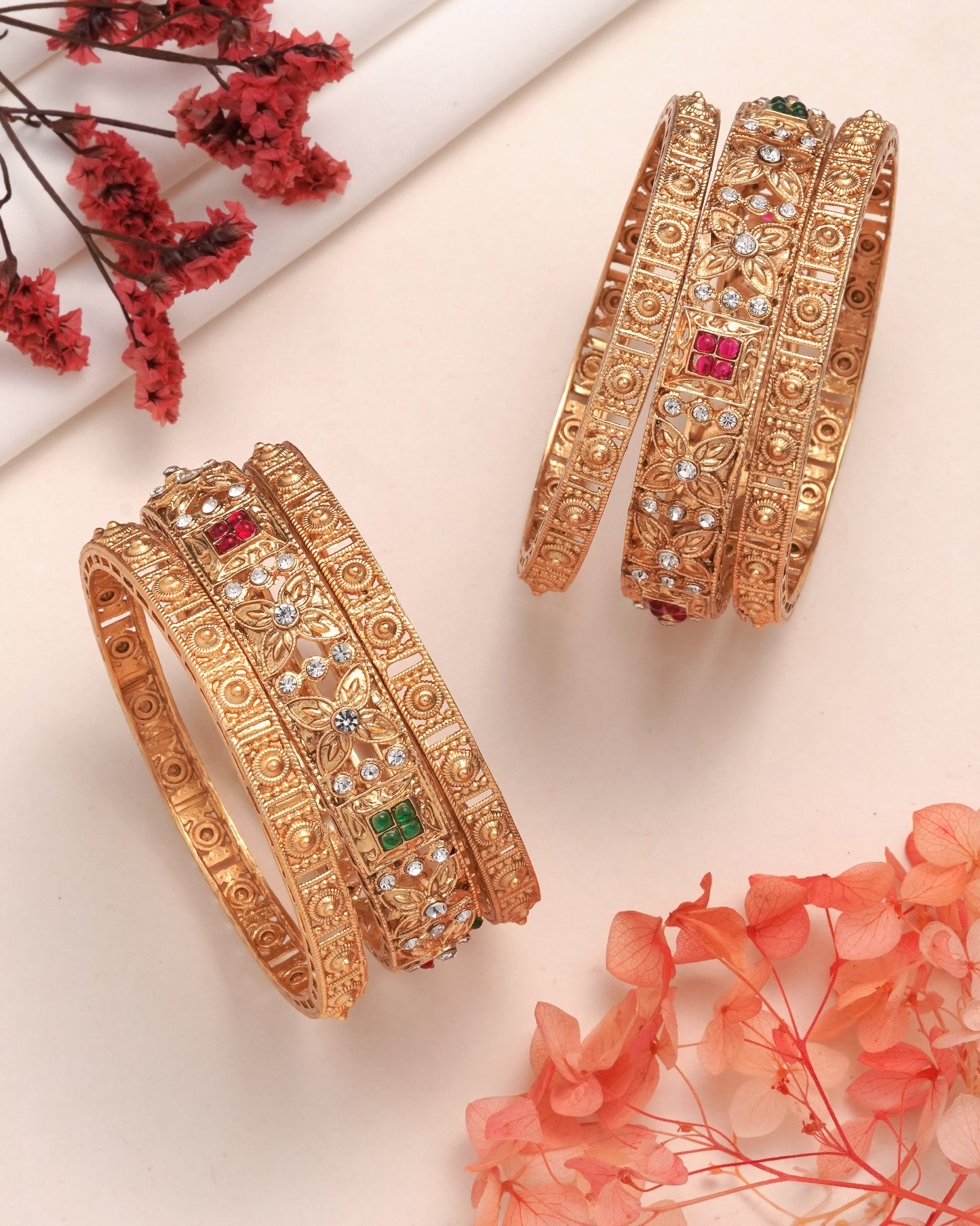 Antique Gold Plated Floral Filigree Bangle Set with Ruby & Emerald Accents