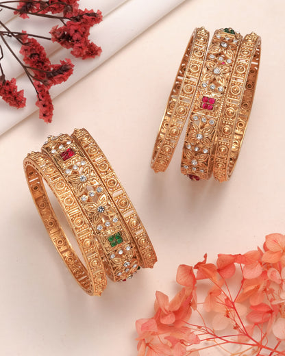 Antique Gold Plated Floral Filigree Bangle Set with Ruby & Emerald Accents