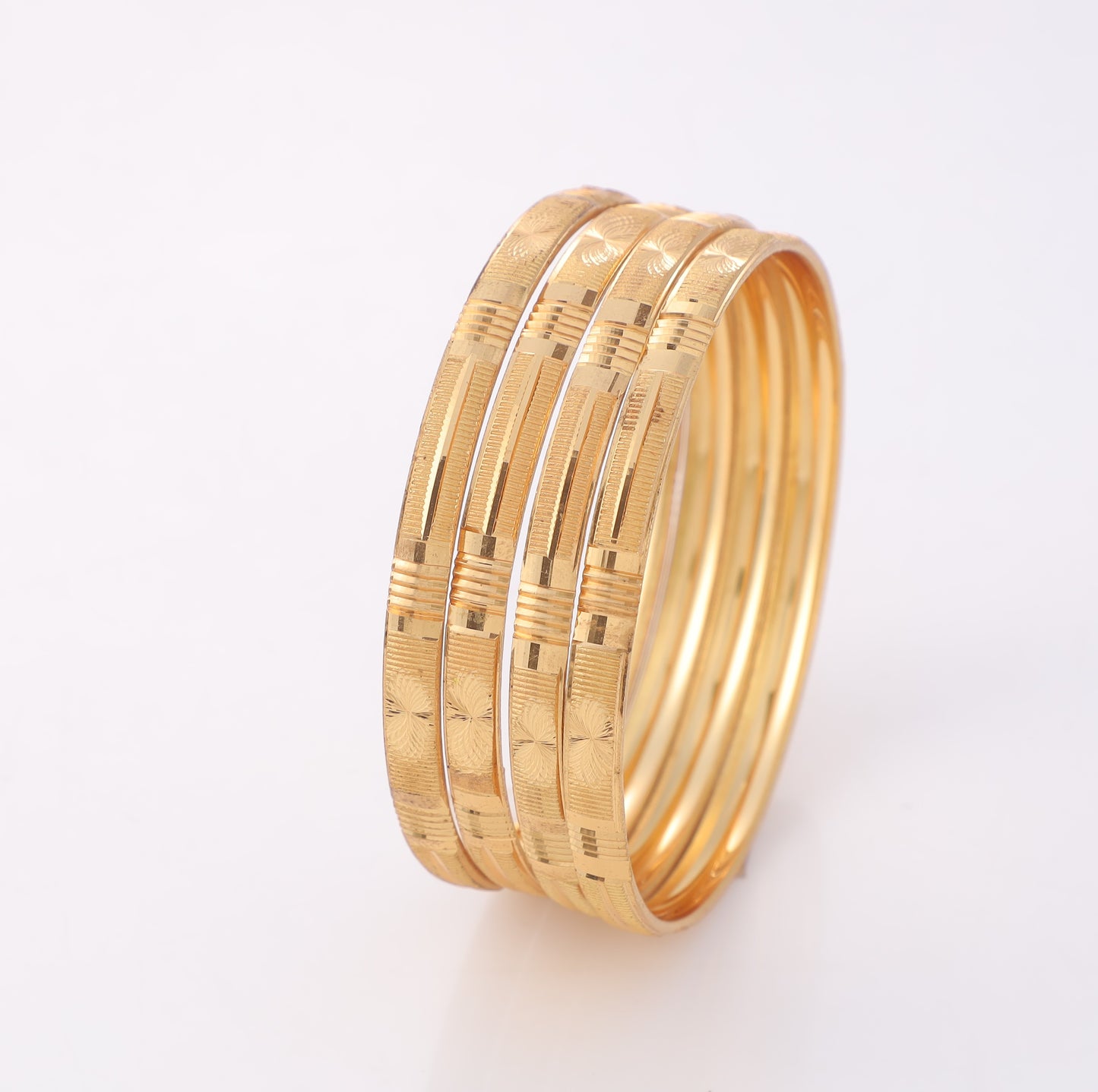 4-Piece Gold-Plated Linear Textured Bangle Set - Traditional Stackable Floral Engraved Bracelets