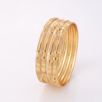 4-Piece Gold-Plated Linear Textured Bangle Set - Traditional Stackable Floral Engraved Bracelets
