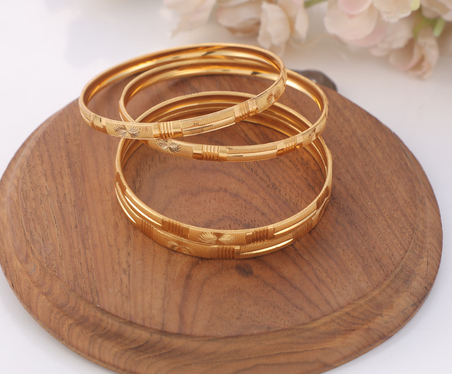 4-Piece Gold-Plated Linear Textured Bangle Set - Traditional Stackable Floral Engraved Bracelets