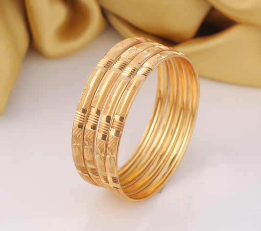 4-Piece Gold-Plated Linear Textured Bangle Set - Traditional Stackable Floral Engraved Bracelets