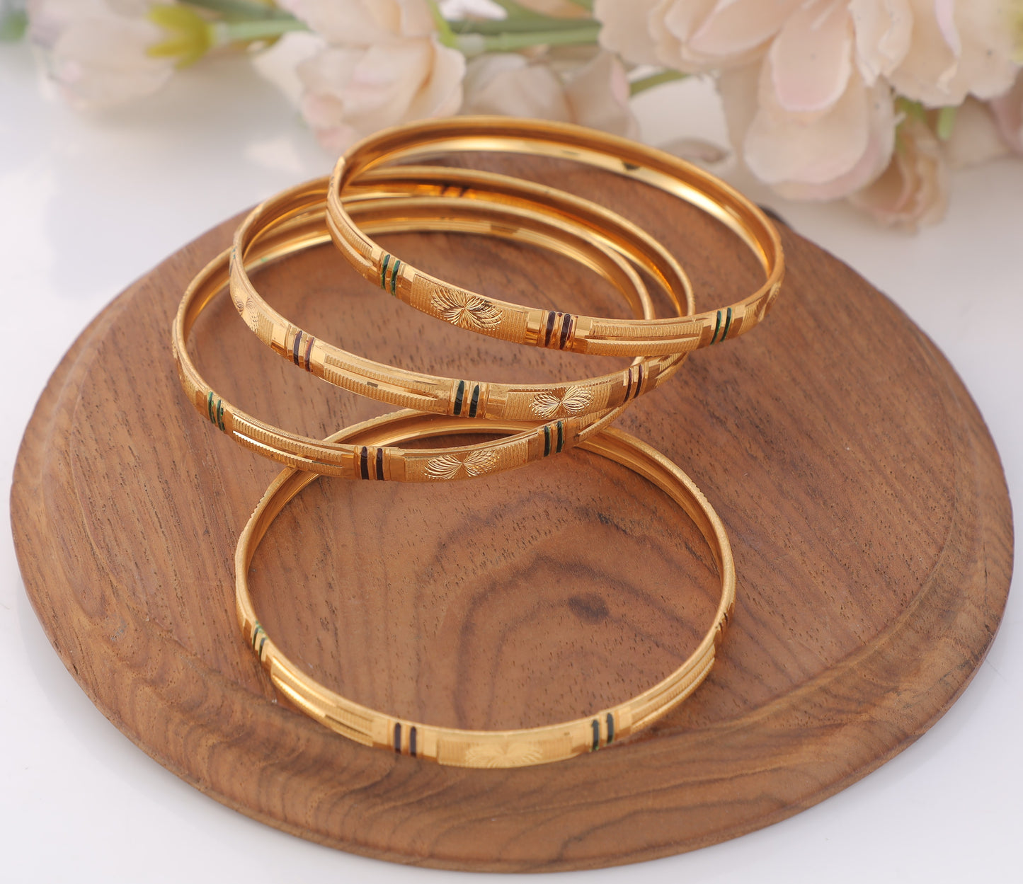 4-Piece Gold-Plated Linear Textured Bangle Set Traditional Floral Engraved Stackable Bracelets