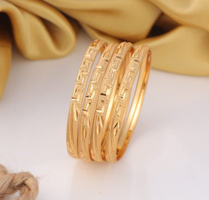 4-Piece Gold-Plated Geometric Textured Bangle Set Traditional Greek Key Inspired Bracelets