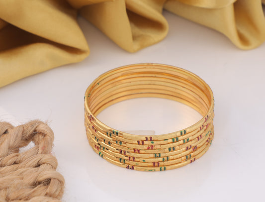 4-Piece Gold-Plated Bangle Set - Traditional Linear Etched & Starburst Engraved Bracelets