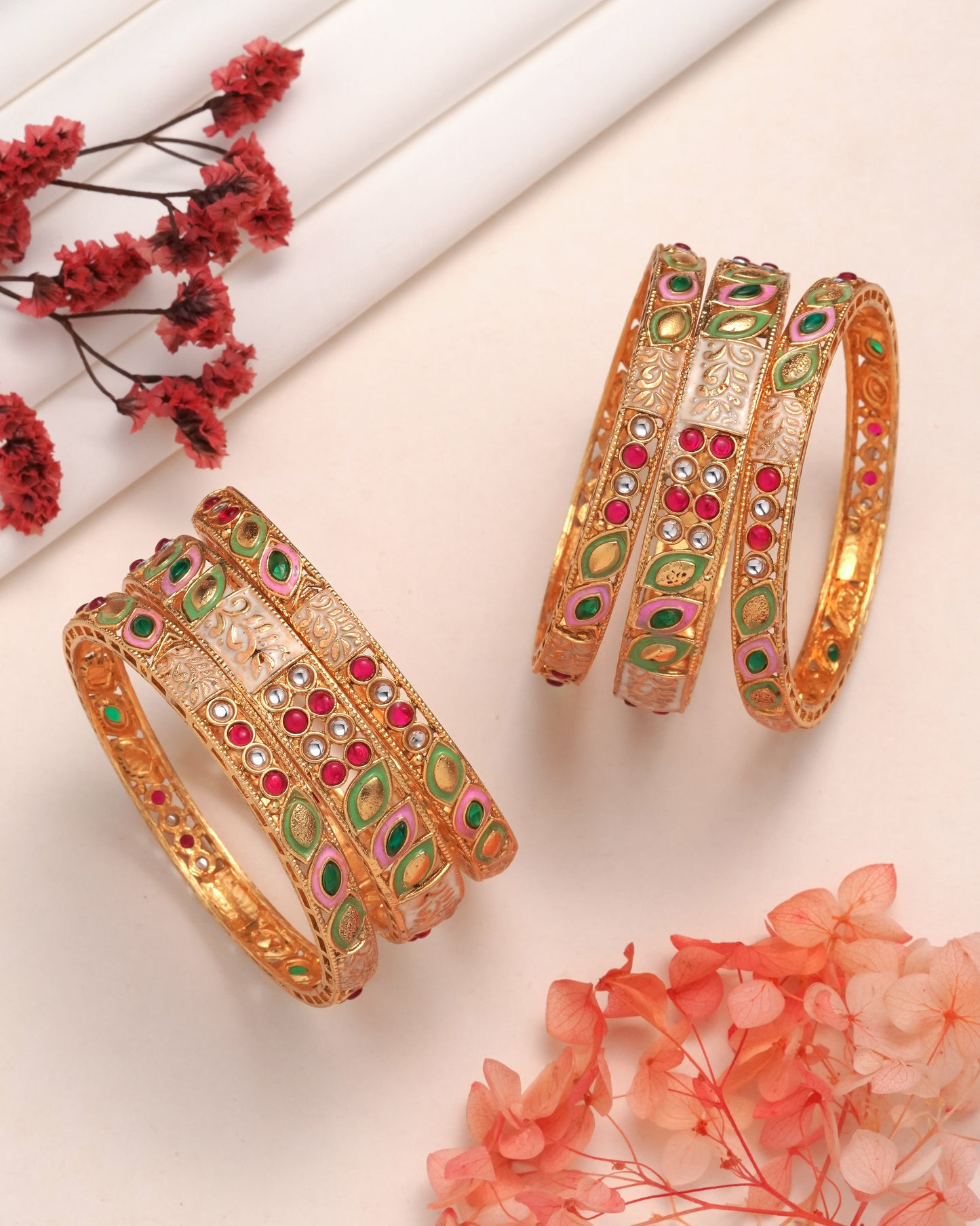 Gold-Plated Meenakari Bangle Set Hand Painted Floral Enamel with Ruby & Emerald Accents (Set of 6)