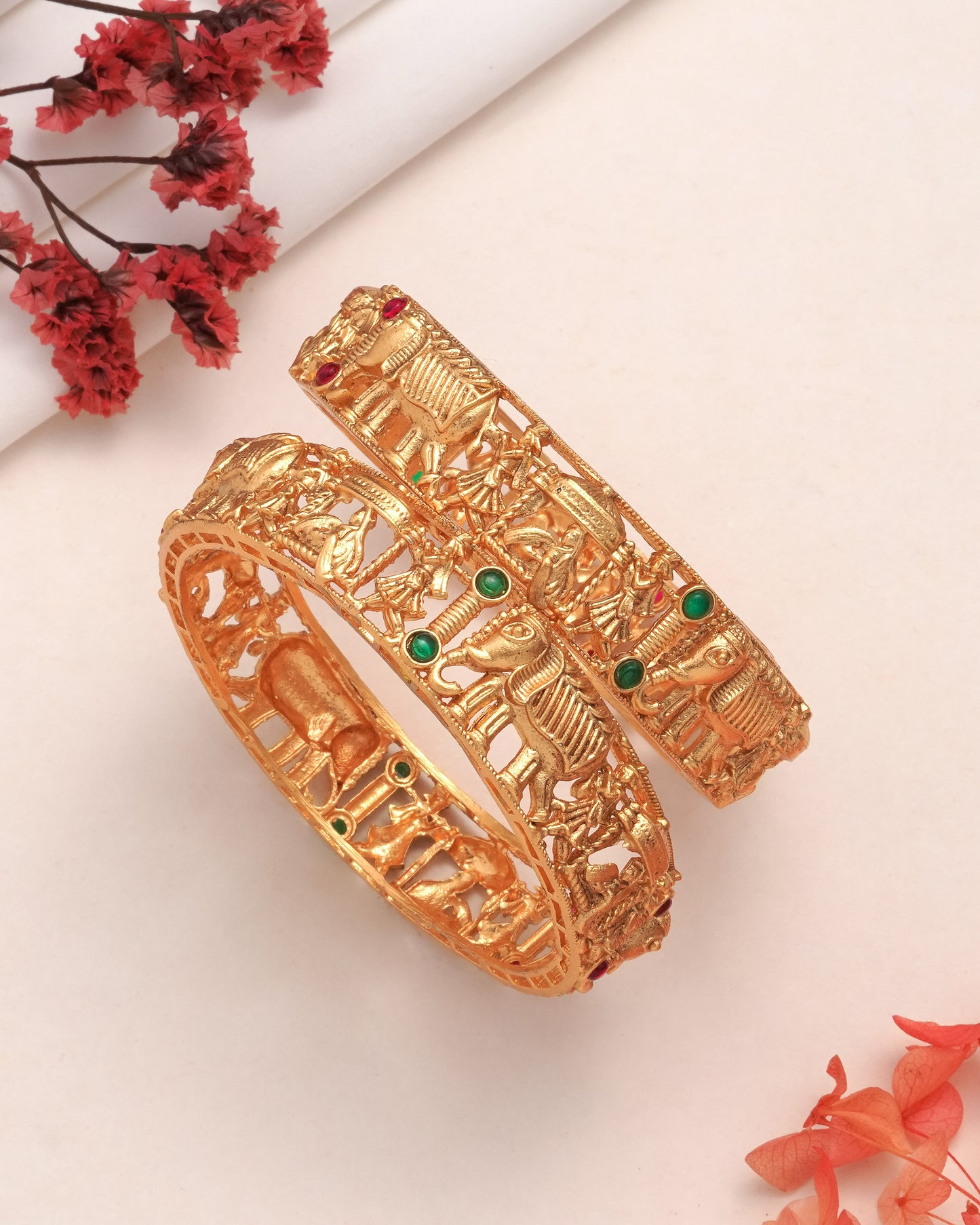 Antique Gold Plated Elephant Procession Temple Bangles - Pair Of 2