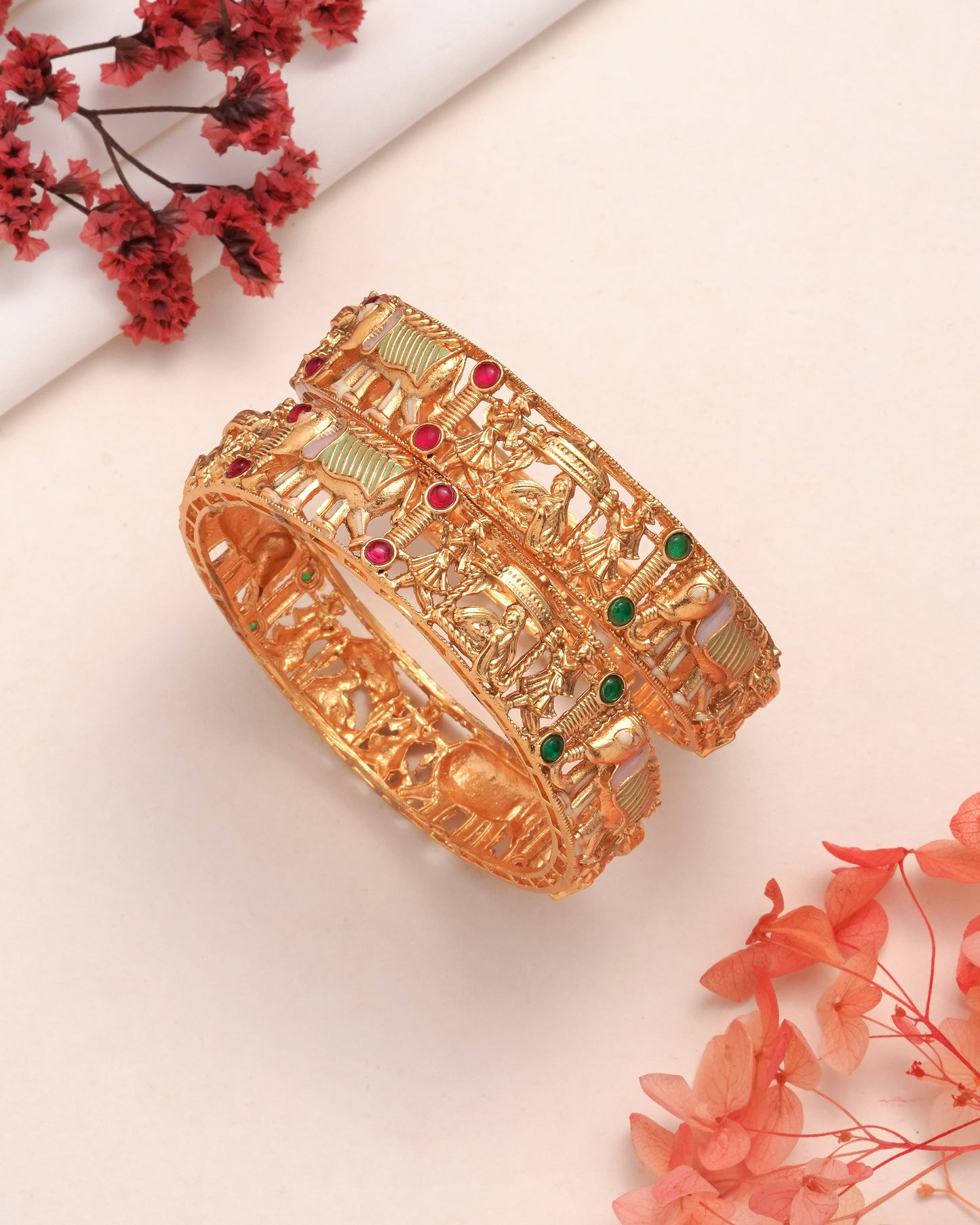 Traditional Elephant Design Gold Bangles with Stone Accents(Set Of 1)
