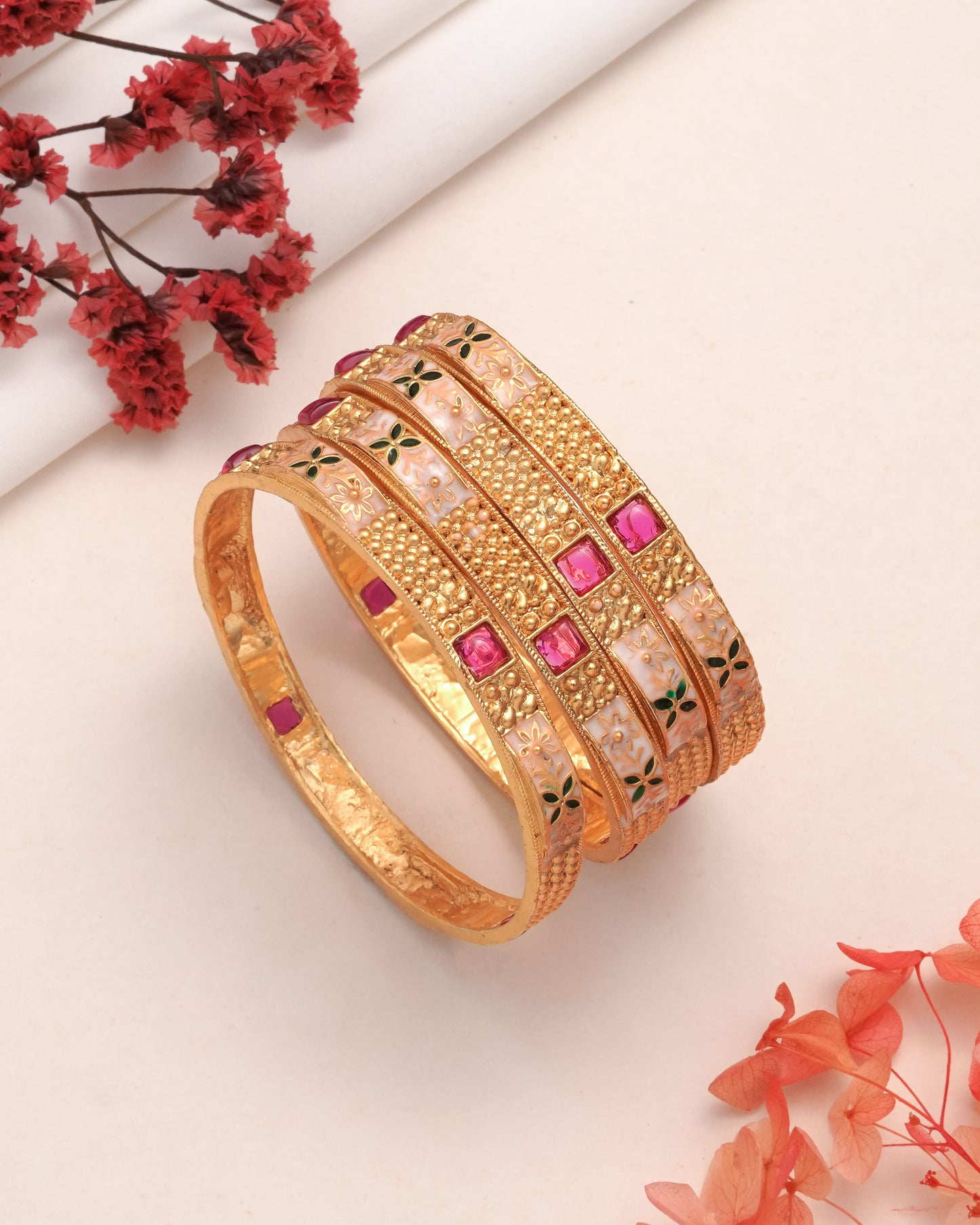 Gold-Plated Enamel Bangles with Ruby Pink Stones - Set of 4