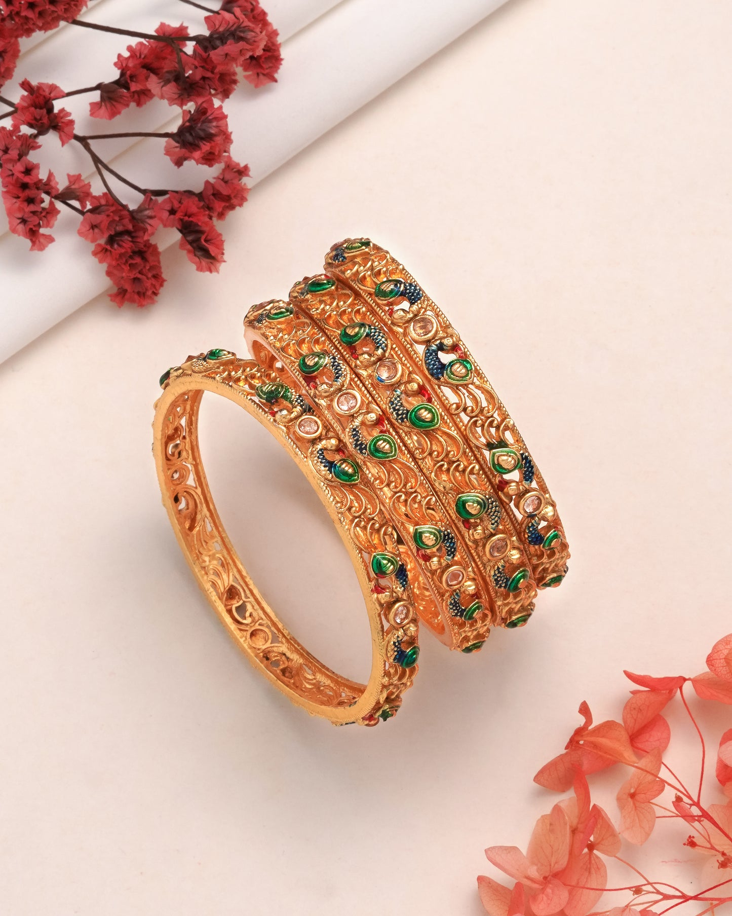 Handcrafted Peacock Motif Bangle Set with Green and Blue Enamel Work - Antique Gold Plated