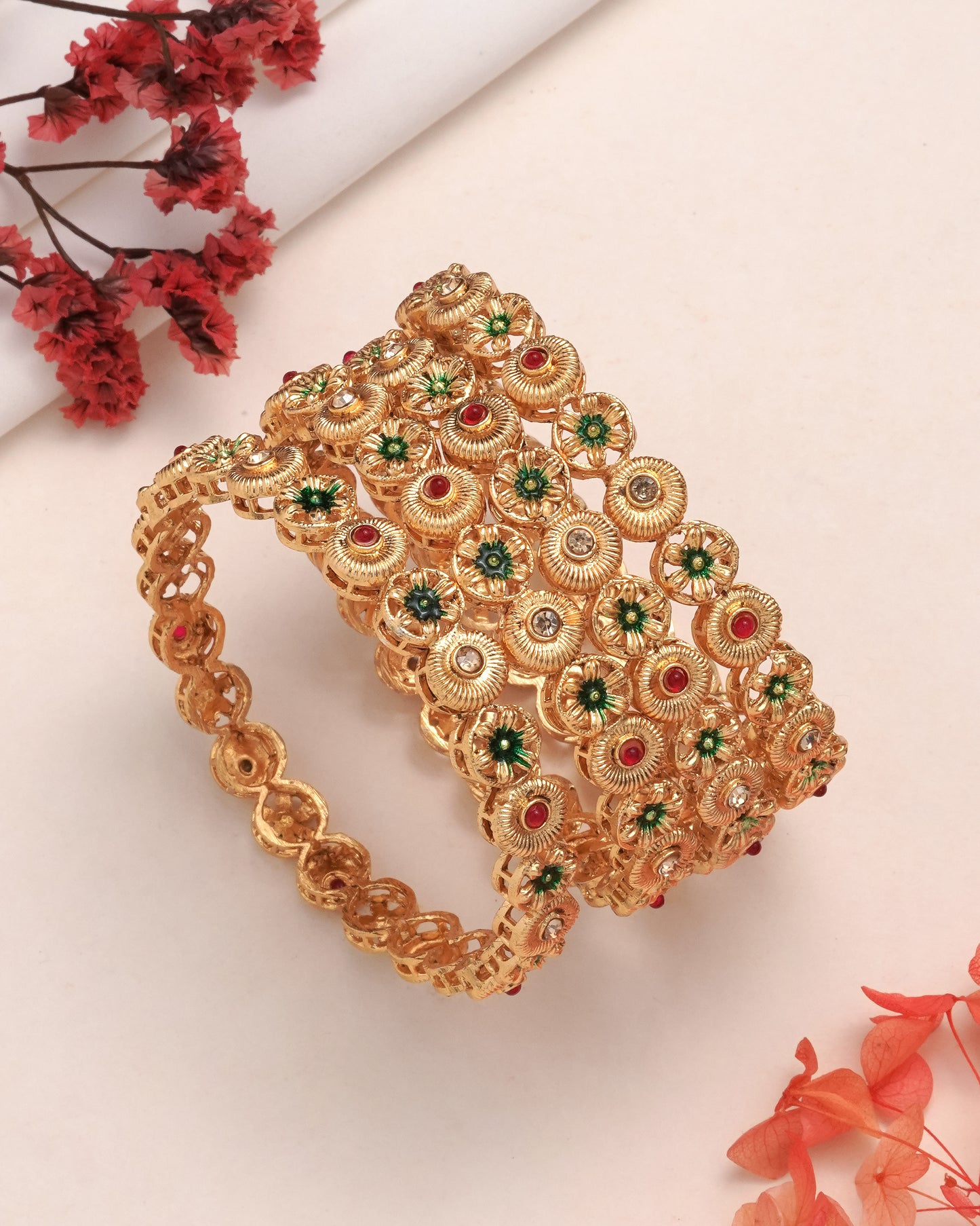 Antique Gold Plated Floral Bangle Set with Red and Green Enamel Accents(Set of 4)