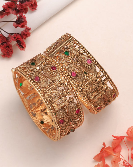 Antique Temple Design Gold-Plated Stone Studded Bangles