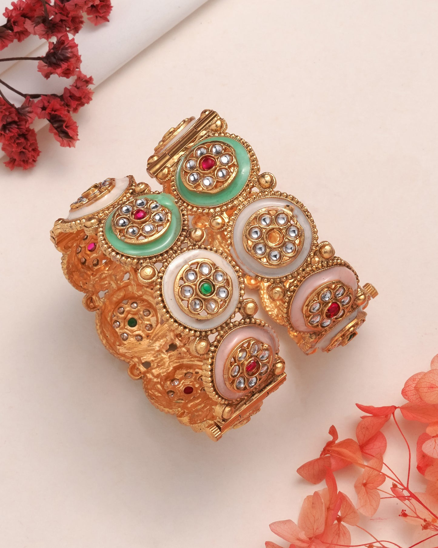 Handcrafted Jadau Meenakari Kada Bangles – Pastel Enamel & Gold Finish (Set of 2)