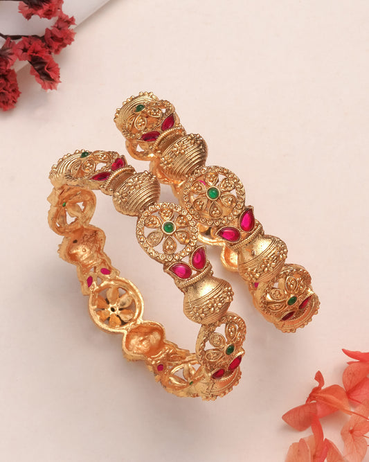 Antique Gold-Plated Temple Kada Bangles with Ruby & Emerald Stones(Set of 2)