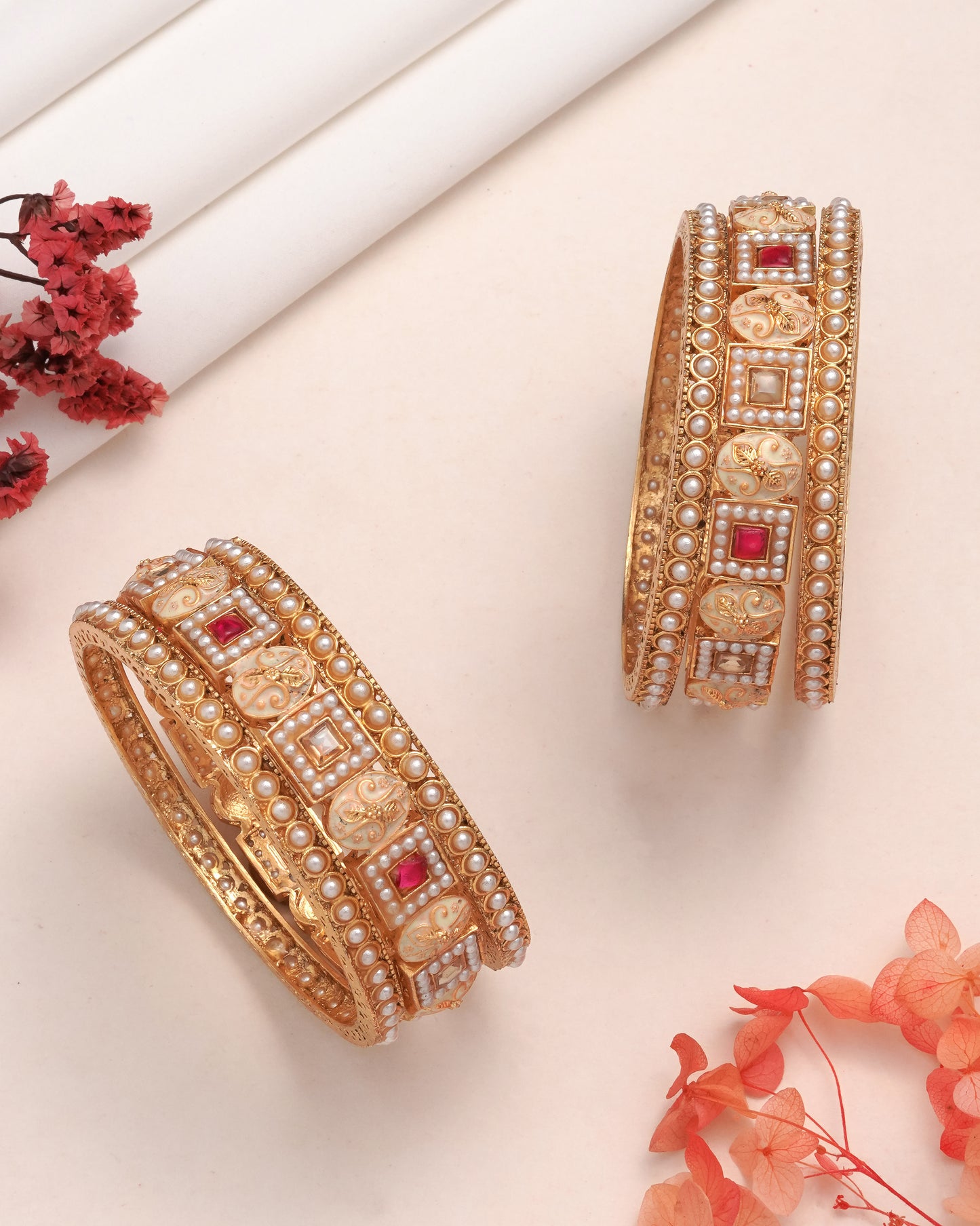 Traditional Gold-Plated Bangle Set with Meenakari Work and Faux Pearls - Set of 6