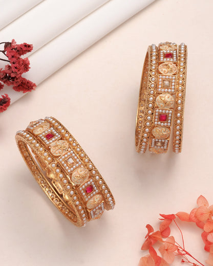 Traditional Gold-Plated Bangle Set with Meenakari Work and Faux Pearls - Set of 6
