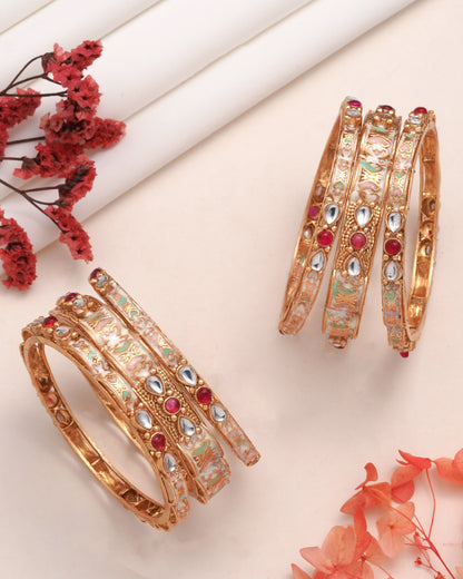 Gold Plated Floral Enamel Bangles with Ruby CZ Accents - Set of 6