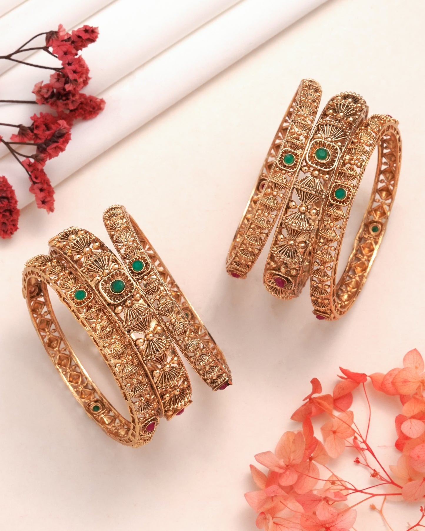 Handcrafted Peacock Motif Bangle Set with Green and Blue Enamel Work - Antique Gold Plated
