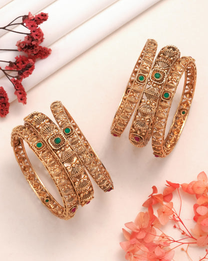 Handcrafted Peacock Motif Bangle Set with Green and Blue Enamel Work - Antique Gold Plated