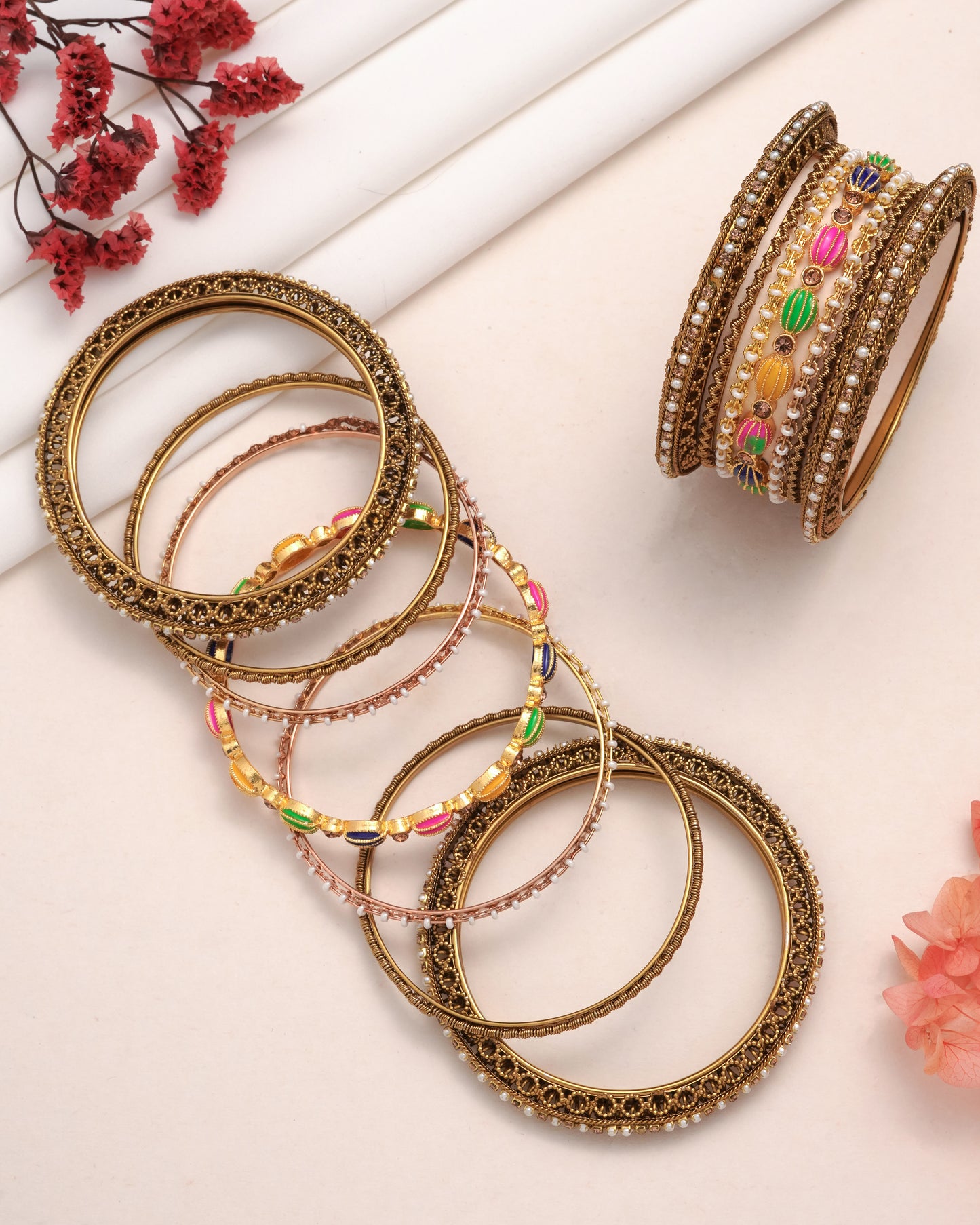 Antique Gold Plated Multi-Color Stacking Bangle Set - 14 Piece Set