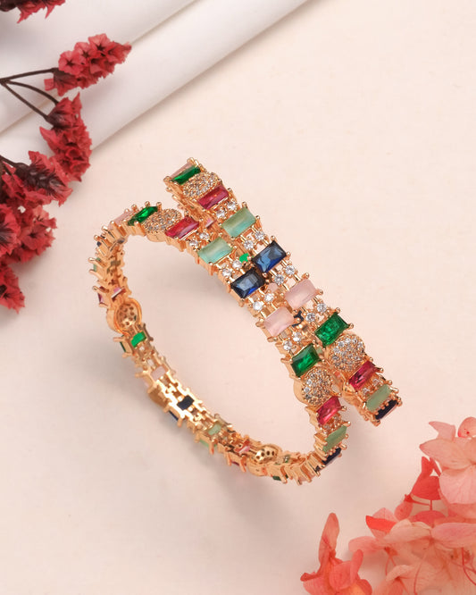 Rose Gold Plated Multi-Color Stone Bangles with Cubic Zirconia (Set of 2)