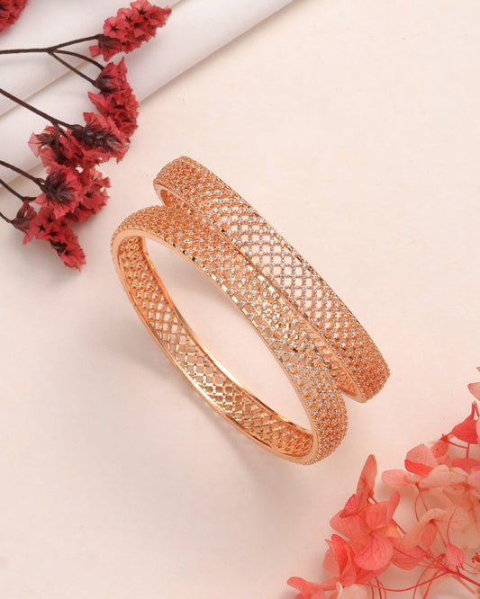 Rose Gold Plated Intricate Lattice Bangles with Cubic Zirconia (Set of 2)