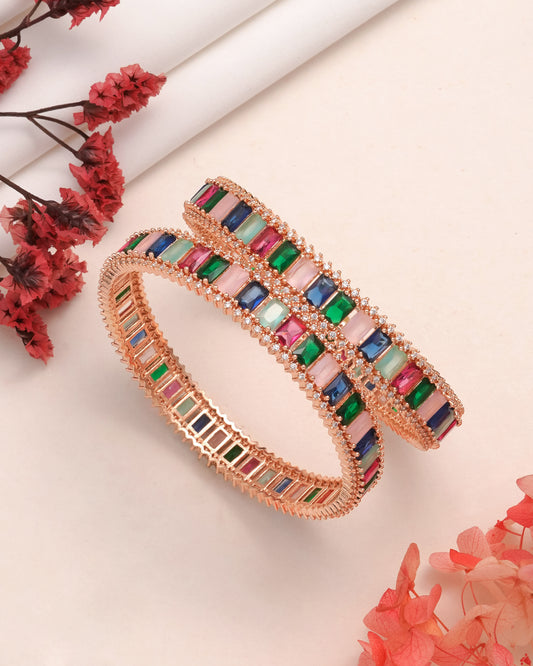 Chic Multicolor Baguette Crystal Statement Bangles(Set Of 2)