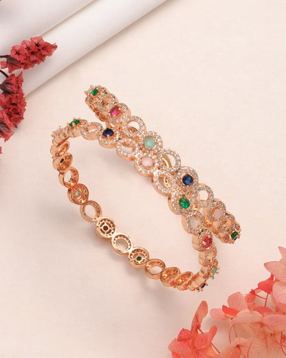 Rose Gold Plated Multi Color Stone Bangles with Cubic Zirconia (Set of 2)