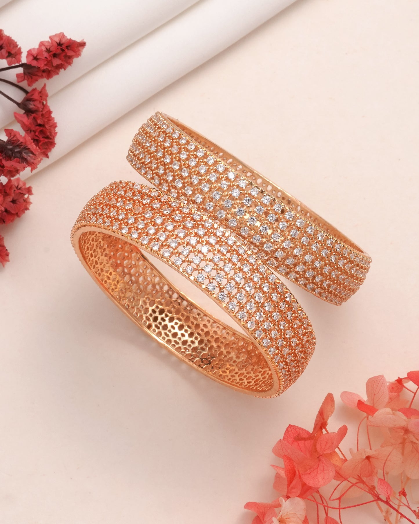 Rose Gold Plated Handcrafted CZ Studded Broad Bangles - Set of 2