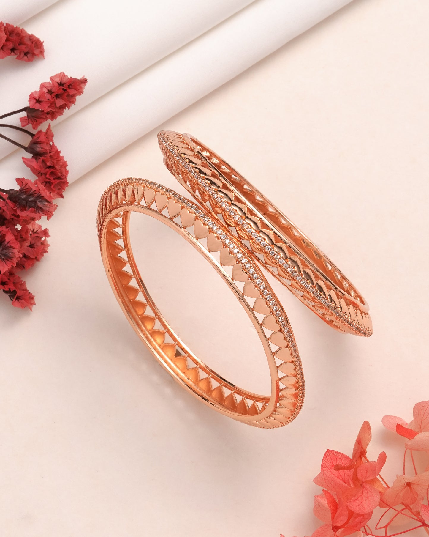 Elegant Rose Gold Plated Bangles with Heart Motif and American Diamond Accents (Set of 2)