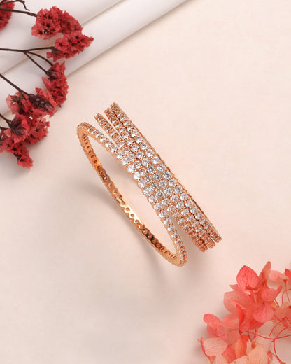 Rose Gold Plated Single Line CZ Tennis Bangles - Set of 4