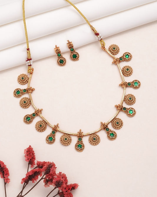 Antique Matte Gold-Plated Choker Necklace with Green Star Stones - Traditional South Indian Addigai Style Set with Matching Drop Earrings