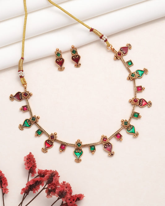 Traditional Gold Tone Paisley Necklace Set with Red & Green Stones