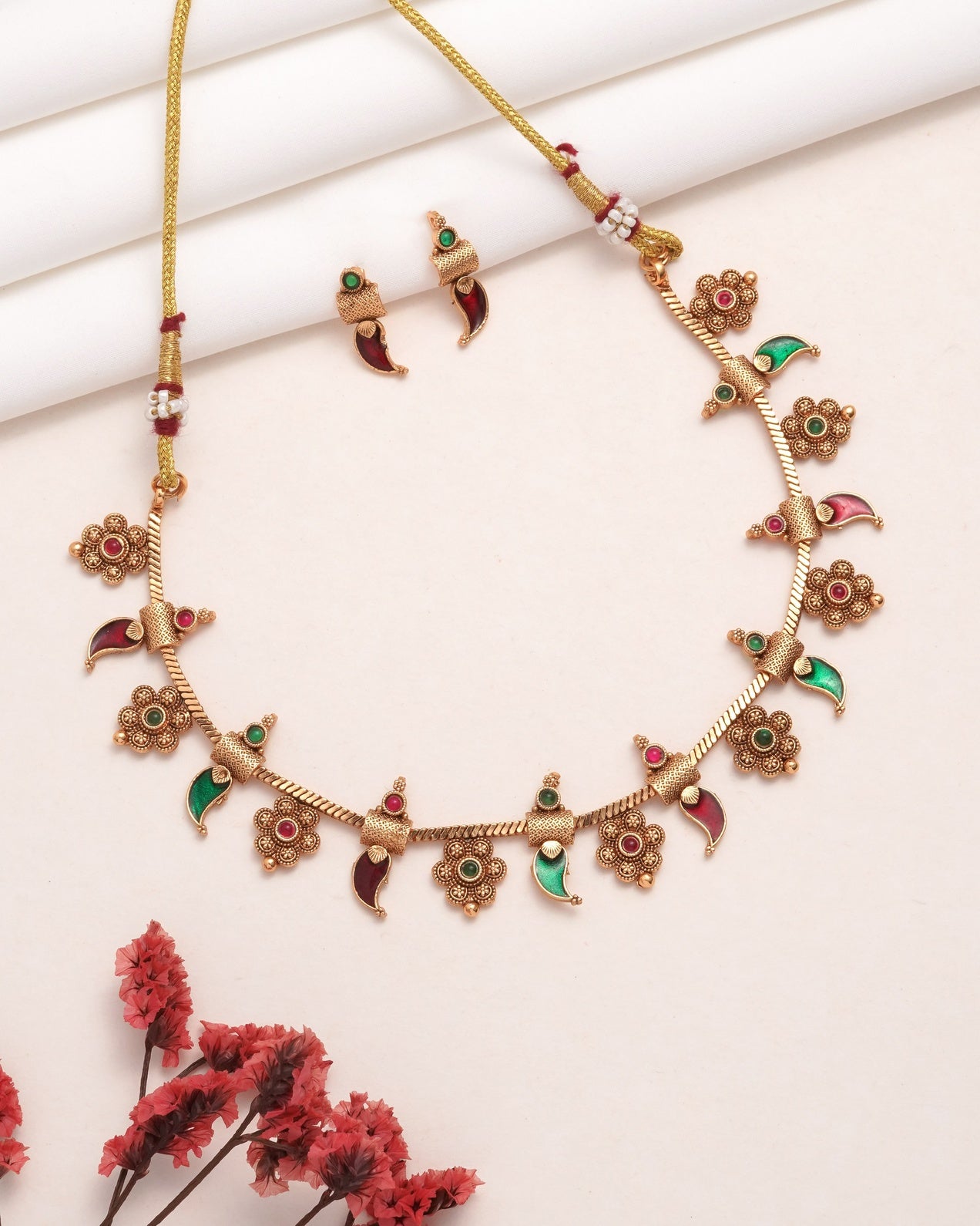 Traditional Gold Tone Floral & Paisley Necklace Set with Green Red Enamel