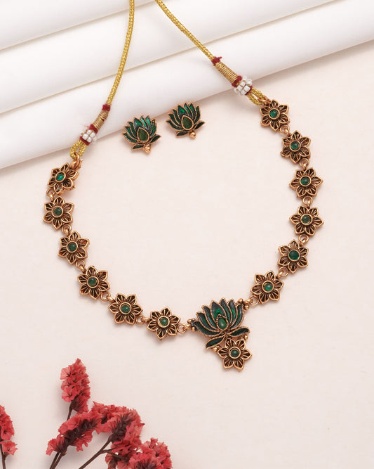 Traditional Gold Tone Floral Necklace Set with Green Stones