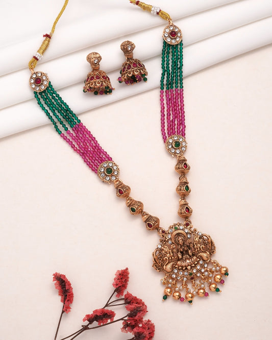The Goddess Lakshmi Heritage Set: Handcrafted Temple Jewelry Long Haram with Ruby Beads and Traditional Jhumkas